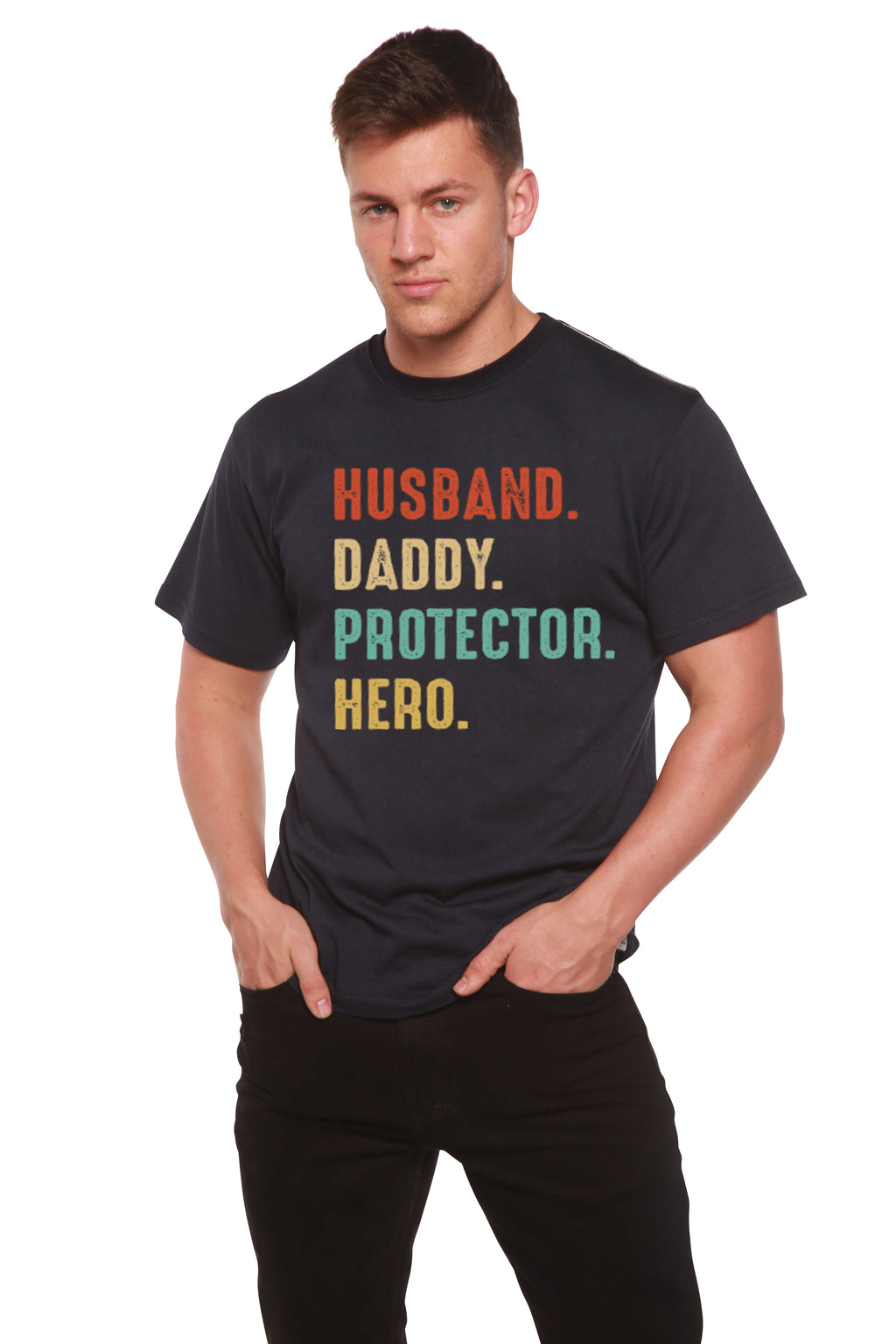 Husband, Daddy, Protector, Hero Men's Bamboo Viscose/Organic Cotton Short Sleeve Graphic T-Shirt - The7Letter