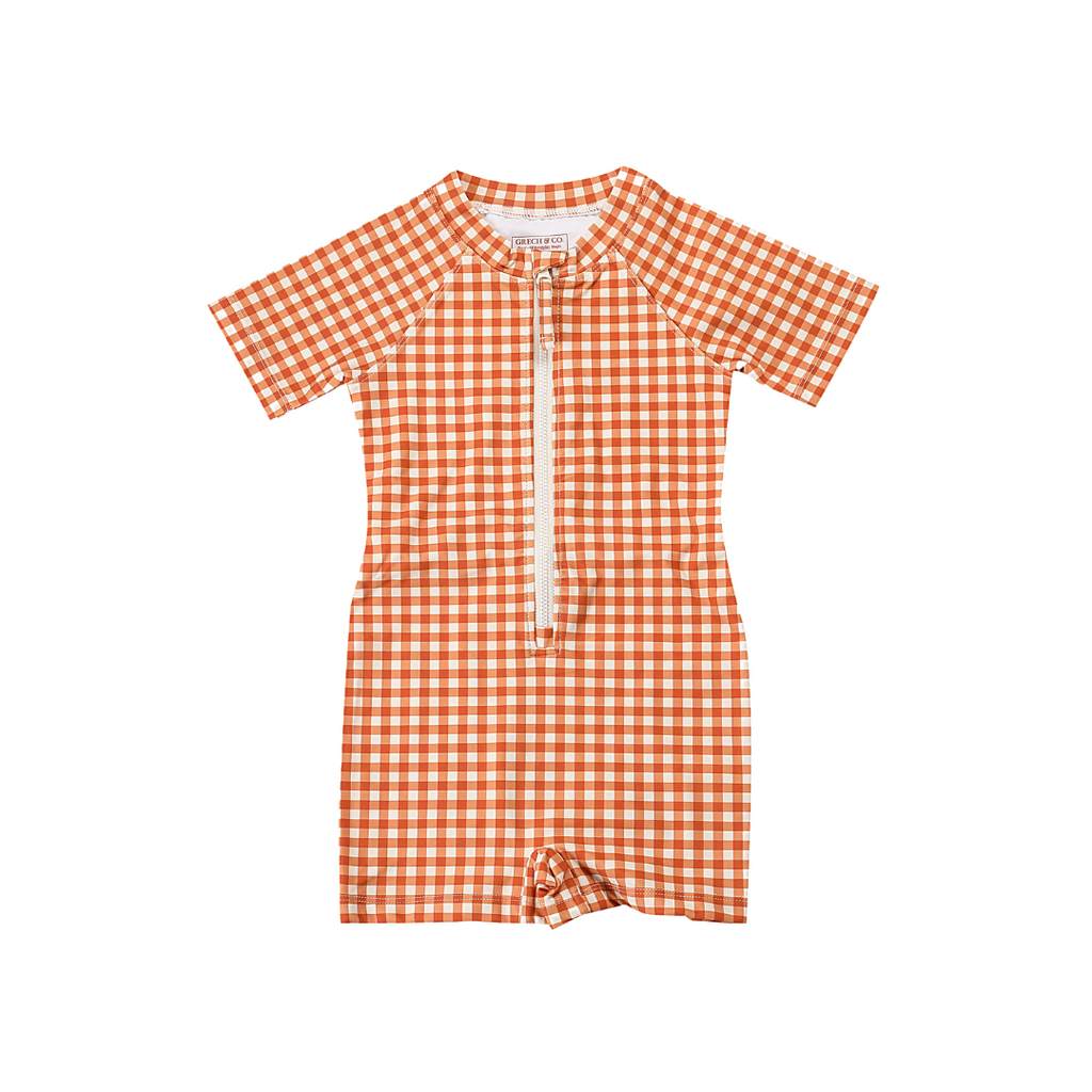 Short Sleeve Rashguard Swimsuit | UPF + Recycled - Sienna Gingham - The7Letter